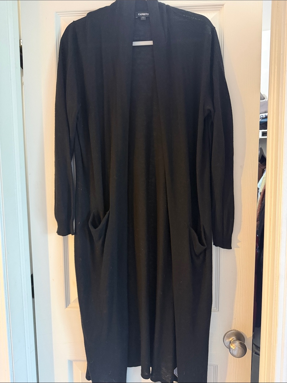 Express Black Long Open-Front Cardigan Dress with Pockets